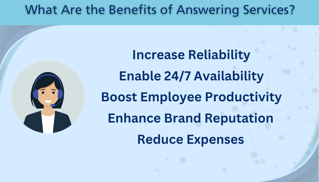 The benefits of an answering service are increased reliability, 24/7 availability, higher employee productivity, enhanced brand reputation, and reduced expenses.